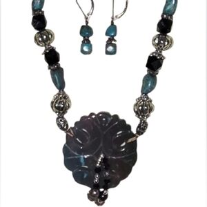 📣 Vintage Y2K Fashion Turquoise/Black Silver Beaded Earrings Necklace Set 😍